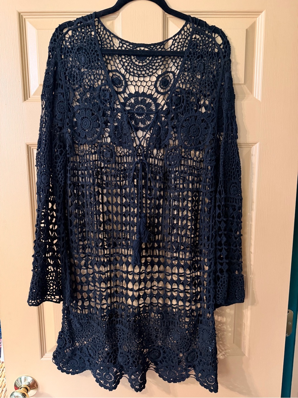 Womens Black Crochet Swim Cover-Up Tunic